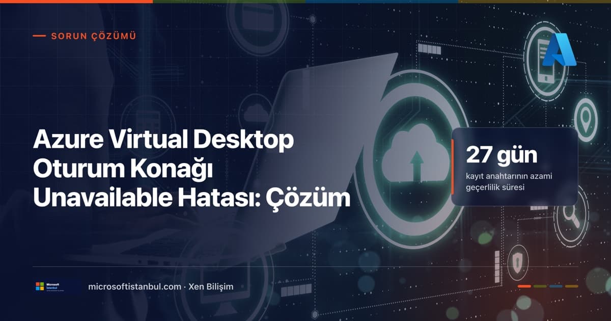 Azure Virtual Desktop oturum konağı Unavailable hatası çözümü — bulut ve güvenlik ikonlarıyla lacivert kapak görseli, önde dizüstü bilgisayar kullanan bir kişi, sağda 27 gün kayıt anahtarı geçerlilik süresi istatistik kutusu (Microsoft İstanbul kapak görseli)