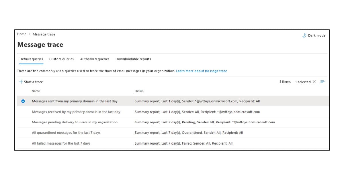 Exchange Online yönetim merkezinde Message Trace (mesaj izleme) sorgu ekranı — giden e-posta gönderim durumunu izlemek için kullanılan varsayılan sorgular listesi. Kaynak: Microsoft Learn resmi belgeleri