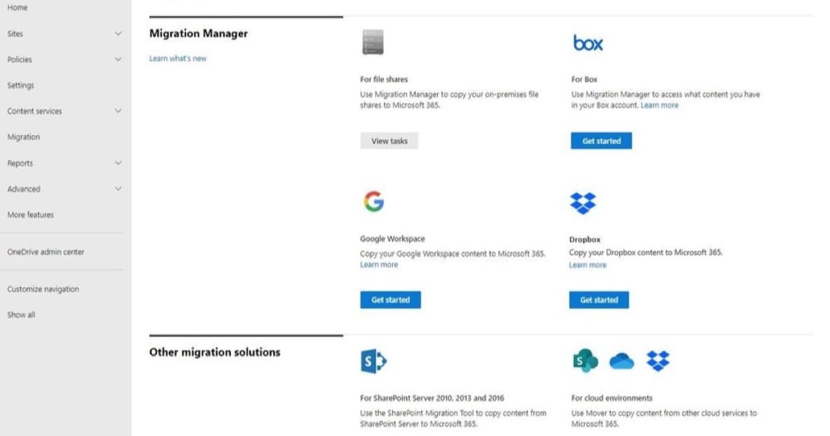 Microsoft 365 yönetim merkezi Migration Manager ekranı — Google Workspace içeriğini Microsoft 365'e taşıma seçeneği (Microsoft resmi kaynak)