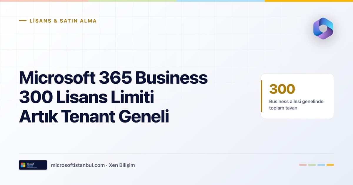"Microsoft 365 Business 300 Lisans Limiti Artık Tenant Geneli" başlıklı Microsoft İstanbul kapak görseli — açık zeminli tasarım, Lisans & Satın Alma kategori etiketi ve 300 rakamının Business ailesi genelindeki toplam tavan olduğunu belirten vurgu kutusu
