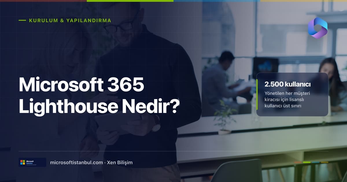 "Microsoft 365 Lighthouse Nedir?" başlıklı Microsoft İstanbul kapak görseli — modern bir ofiste birlikte çalışan ekibin fotoğrafı üzerine lacivert perde, Kurulum & Yapılandırma kategori etiketi ve "2.500 kullanıcı — yönetilen her müşteri kiracısı için lisanslı kullanıcı üst sınırı" bilgi kutusu