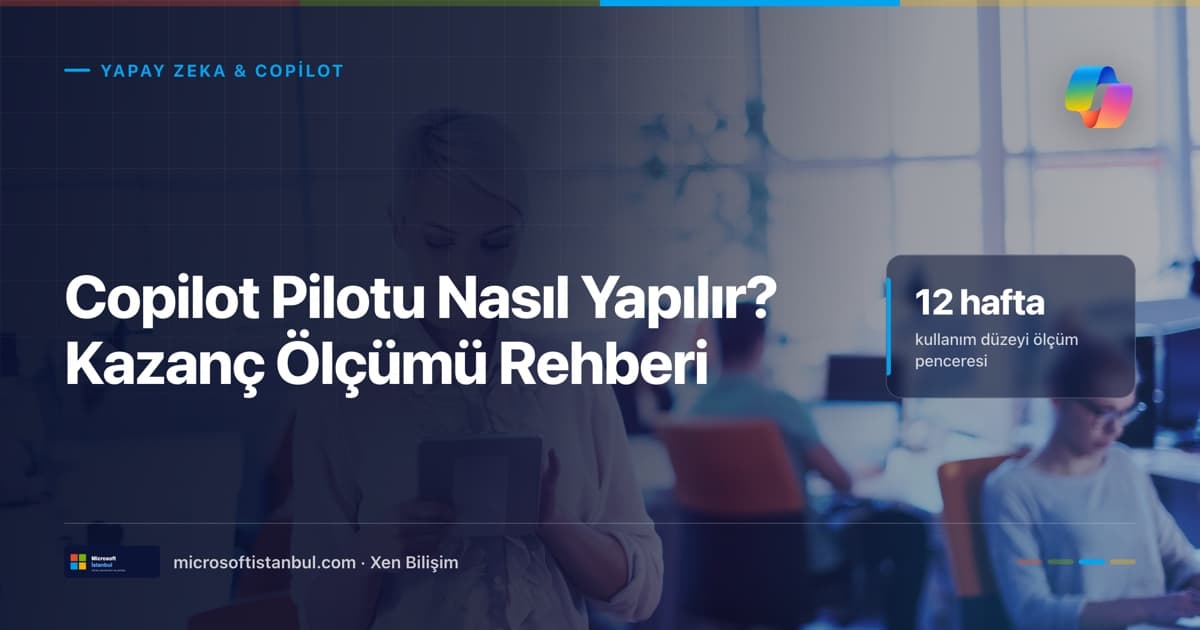 Copilot pilotu nasıl yapılır, kazanç ölçümü rehberi başlıklı lacivert blog kapağı. Arka planda ofiste tablete bakan bir kadın ve çalışan bir ekip, sağda 12 haftalık kullanım düzeyi ölçüm penceresi vurgusu (Microsoft İstanbul / Xen Bilişim)