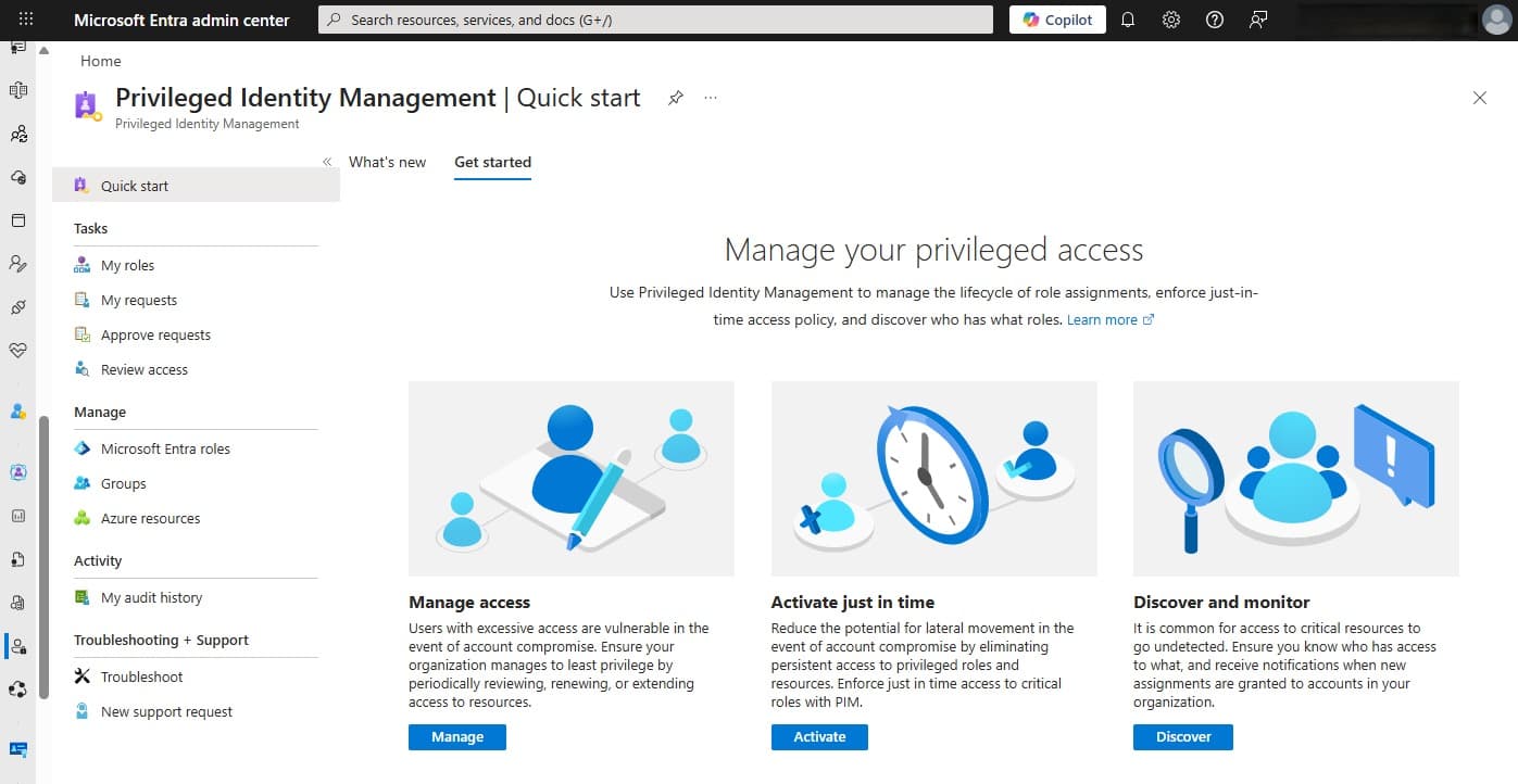 Microsoft Entra yönetim merkezinde Privileged Identity Management (PIM) Hızlı Başlangıç ekranı — Microsoft resmi belgelerinden