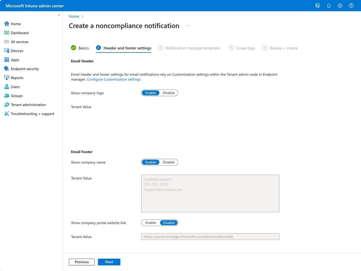 Microsoft Intune compliance policy notification template yapılandırma ekranı — Microsoft Learn resmi belgelerinden alınmış görsel (2026)
