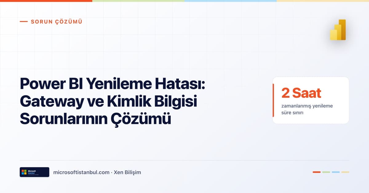 Power BI Yenileme Hatası: Gateway ve Kimlik Bilgisi Sorunlarının Çözümü — Sorun Çözümü etiketli, Power BI ikonlu, 2 Saat zamanlanmış yenileme süre sınırı istatistik kartlı açık renkli blog kapağı (Microsoft İstanbul / Xen Bilişim)