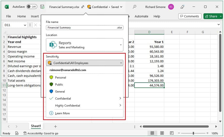 Excel'de Microsoft Purview hassasiyet etiketi (Confidential) uygulama menüsü — Microsoft resmi belgelerinden