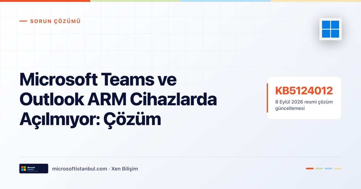 Microsoft Teams ve Outlook ARM cihazlarda açılmıyor hatası çözümü — kapakta KB5124012 resmi çözüm güncellemesi vurgusu (Microsoft İstanbul kapak görseli)