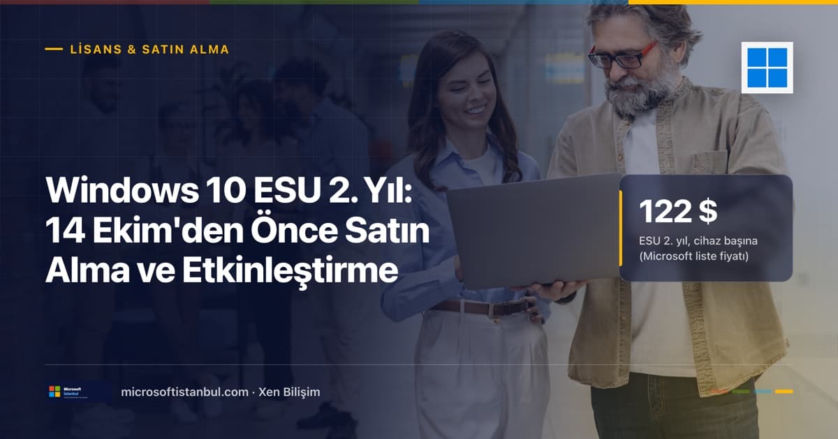 Windows 10 ESU 2. yıl satın alma ve etkinleştirme rehberi: Lisans ve Satın Alma etiketli, Windows ikonlu, dizüstü bilgisayara bakan iki çalışanın fotoğraflı lacivert blog kapağı; sağda ESU 2. yıl için cihaz başına 122 dolar vurgusu (Microsoft İstanbul / Xen Bilişim)