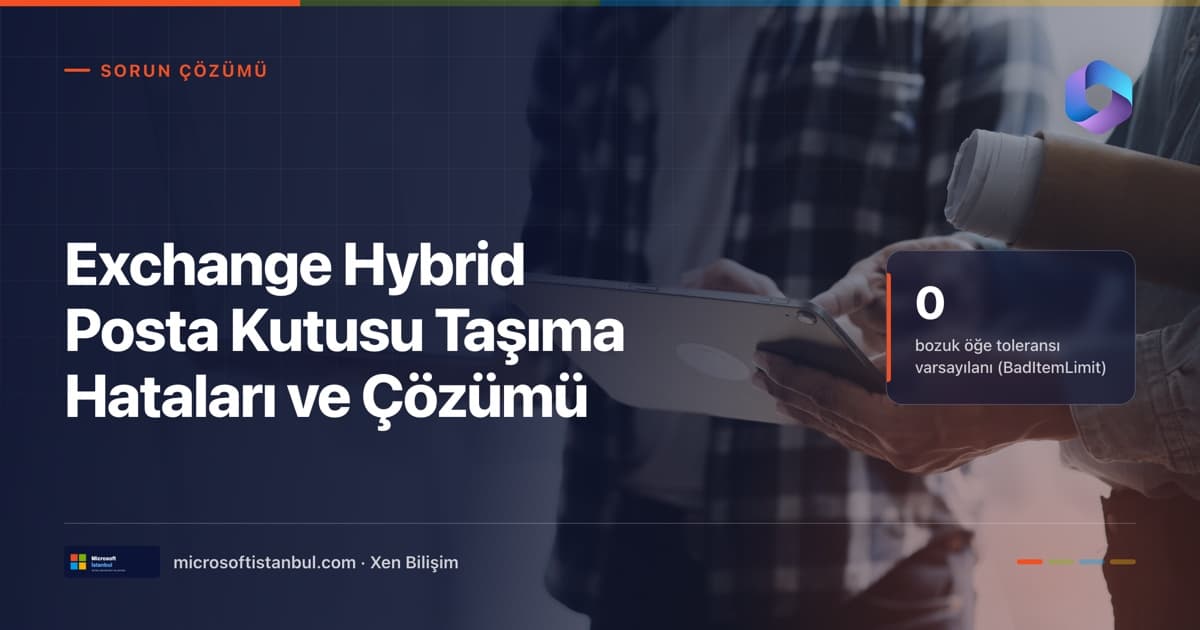 Exchange hybrid posta kutusu taşıma hataları ve çözümü — Sorun Çözümü etiketli, Microsoft 365 ikonlu, tablet tutan ellerin göründüğü fotoğraflı lacivert blog kapağı; sağda varsayılan bozuk öğe sınırı 0 vurgusu (Microsoft İstanbul / Xen Bilişim)