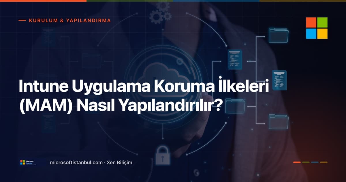 Bir kişinin bulut, klasör ve kilit simgeleriyle çevrili dijital arayüze dokunması — kurumsal verinin bulut uygulamaları üzerinden korunmasını temsil eden kapak görseli (Microsoft İstanbul)