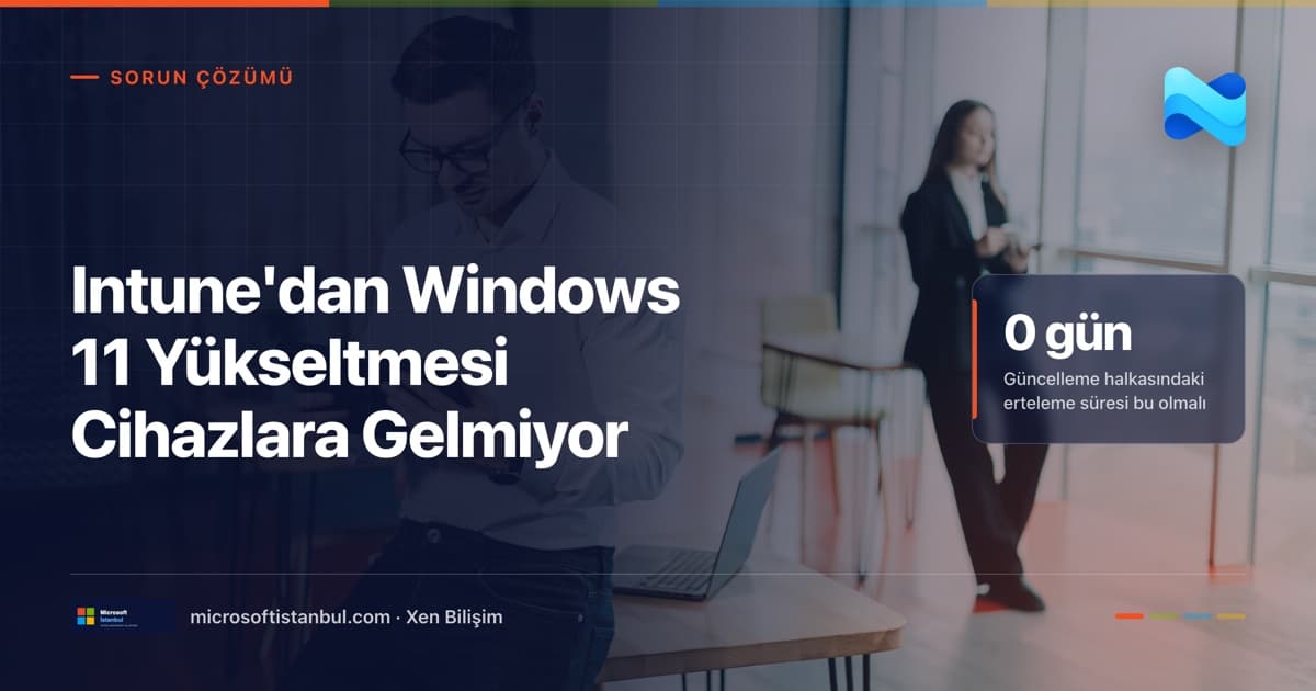 Ofis ortamında dizüstü bilgisayar başındaki çalışanlar; kapak üzerinde "Intune'dan Windows 11 Yükseltmesi Cihazlara Gelmiyor" başlığı ve güncelleme halkasındaki erteleme süresinin 0 gün olması gerektiği vurgusu (Microsoft İstanbul kapak görseli)