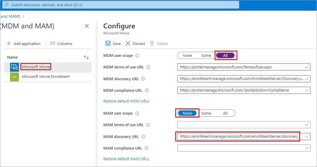 Microsoft Entra yönetim merkezinde Mobility (MDM and MAM) Microsoft Intune otomatik kayıt yapılandırması — MDM user scope ve MAM user scope ayar ekranı, Microsoft Learn resmi belgelerinden