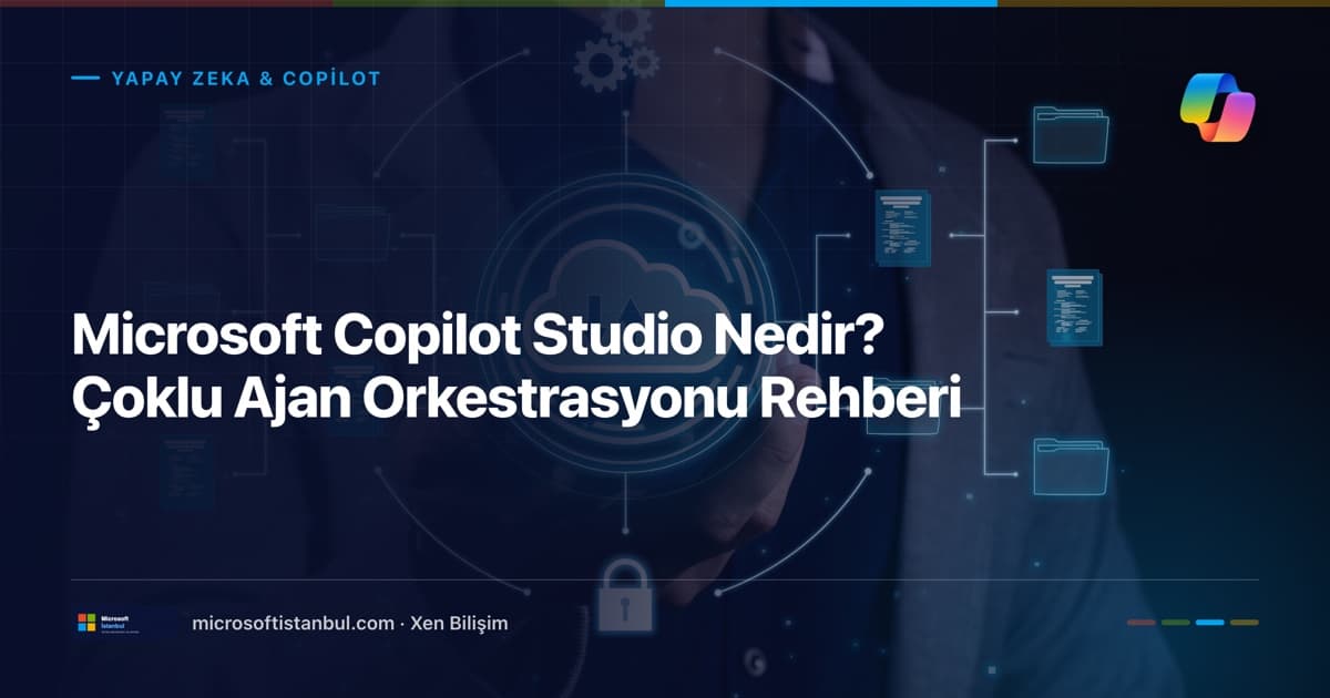 "Microsoft Copilot Studio Nedir? Çoklu Ajan Orkestrasyonu Rehberi" başlıklı Microsoft İstanbul kapak görseli — BT/ofis temalı fotoğraf üzerine lacivert perde, Yapay Zeka & Copilot kategori etiketi ve Microsoft renk şeridi