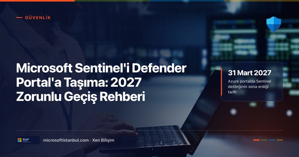 Microsoft Sentinel’den Defender Portal’a geçiş — veri merkezi ekranlarının önünde dizüstü bilgisayarla çalışan BT güvenlik uzmanı; kapakta 31 Mart 2027 zorunlu geçiş tarihi vurgusu (Microsoft İstanbul kapak görseli)