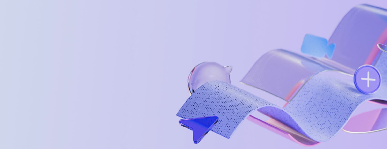 Microsoft Teams 3D arayüz ikonları ve mor degrade arka plan — Microsoft resmi ürün görseli