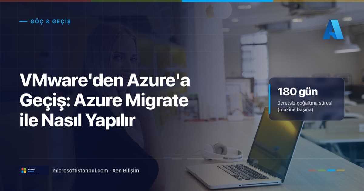 VMware'den Azure'a geçiş rehberi, Göç ve Geçiş etiketli, Azure ikonlu, dizüstü bilgisayarın başında çalışan bir kişinin fotoğraflı lacivert blog kapağı; sağda makine başına 180 gün ücretsiz çoğaltma vurgusu (Microsoft İstanbul / Xen Bilişim)