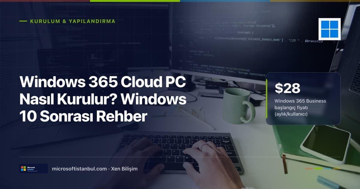 Windows 365 Cloud PC kurulum rehberi kapak görseli: koyu ofis masasında klavye üzerinde çalışan eller ve arka planda kod ekranları; kartta Windows 365 Business'ın 28 dolar/ay başlangıç fiyatı vurgusu