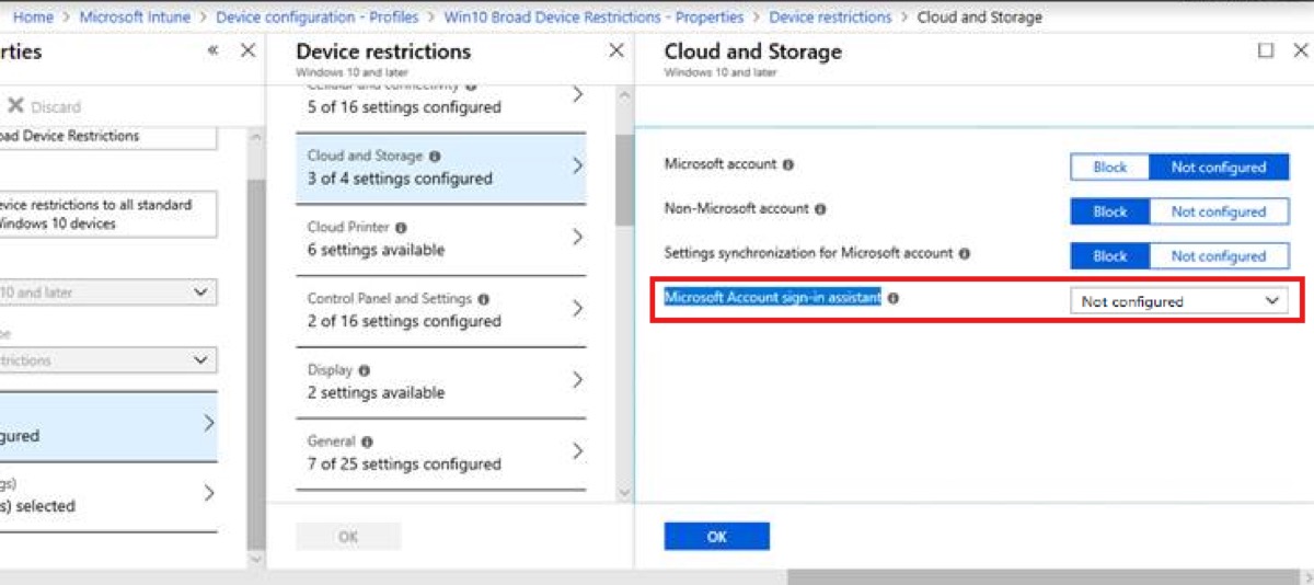 Intune yönetim merkezinde cihaz kısıtlamaları profilinin Cloud and Storage bölümü; Microsoft Account sign-in assistant ayarı kırmızı çerçeveyle işaretlenmiş ve Not configured olarak seçili — Microsoft Learn belgesinden alınan resmi ekran görüntüsü