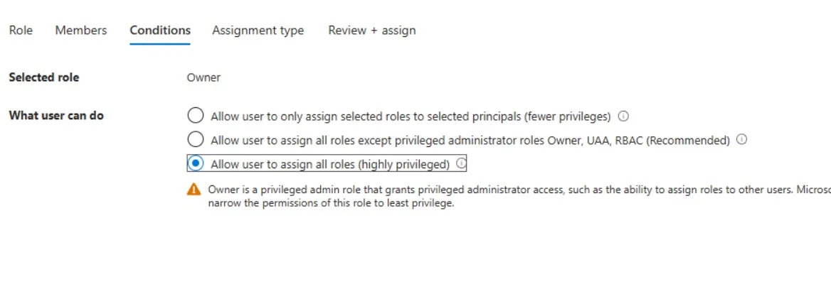 Azure portalında rol atama ekranı — Owner rolü için 'Allow user to assign all roles (highly privileged)' seçeneğinin işaretlenmesi gerektiğini gösteren koşul sekmesi