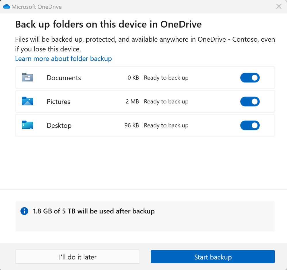 OneDrive önemli klasörleri yedekleme penceresi. Belgeler, Resimler ve Masaüstü klasörleri için açık anahtarlar, 1,8 GB kullanım bilgisi ve Start backup düğmesi görünüyor