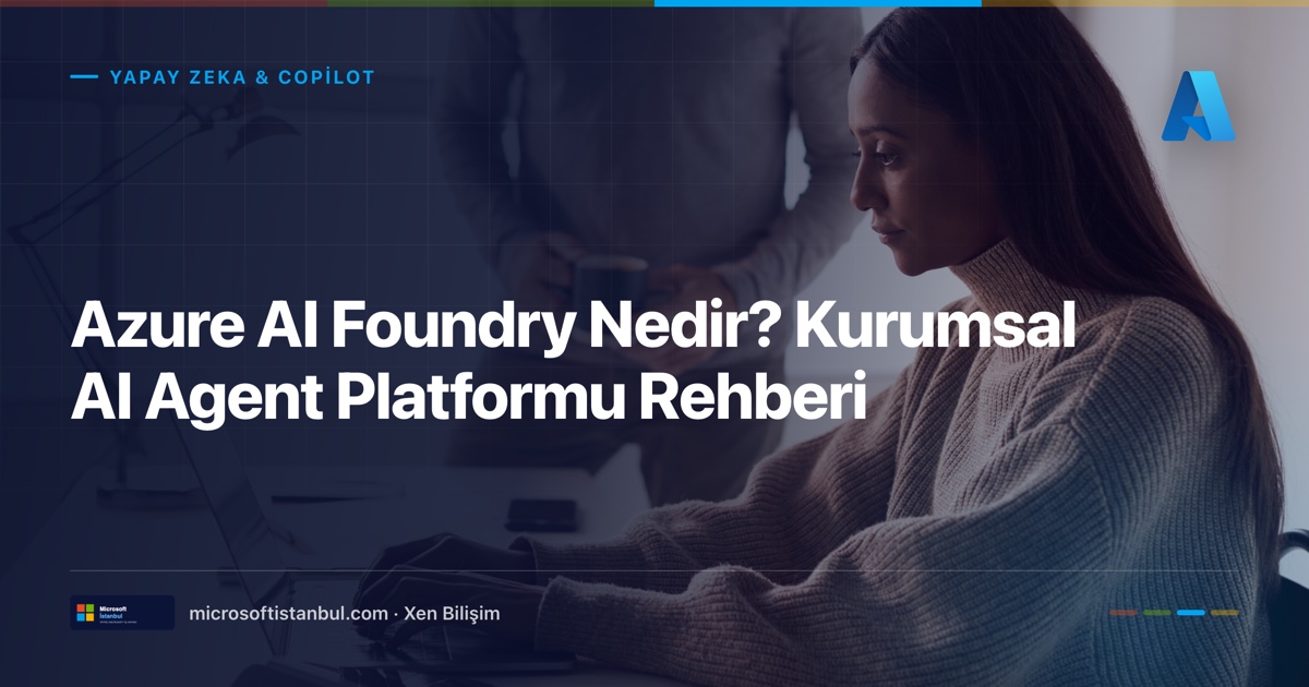 "Azure AI Foundry Nedir? Kurumsal AI Agent Platformu Rehberi" başlıklı Microsoft İstanbul kapak görseli — BT/ofis temalı fotoğraf üzerine lacivert perde, Yapay Zeka & Copilot kategori etiketi ve Microsoft renk şeridi