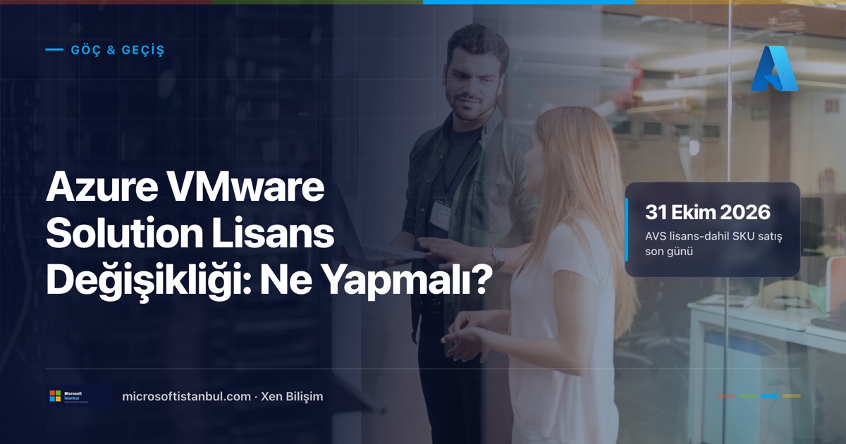 İki BT uzmanı cam bölmeli bir ofiste, arka planda sunucu kabinleri görünürken dizüstü bilgisayarda Azure VMware Solution lisans göçü kararını tartışıyor