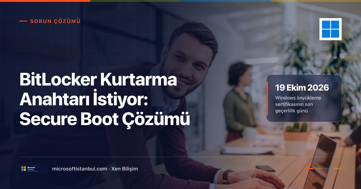 BitLocker kurtarma anahtarı istiyor: Secure Boot çözümü. Ofiste dizüstü bilgisayar başında gülümseyen çalışan, lacivert kapak, sağda 19 Ekim 2026 sertifika son geçerlilik tarihi kutusu (Microsoft İstanbul kapak görseli)