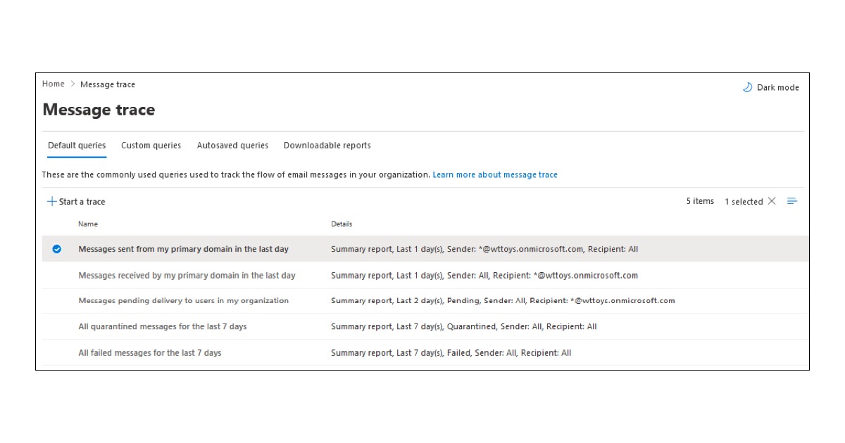 Exchange Online yönetim merkezinde Message Trace (mesaj izleme) sorgu ekranı — giden e-posta gönderim durumunu izlemek için kullanılan varsayılan sorgular listesi. Kaynak: Microsoft Learn resmi belgeleri