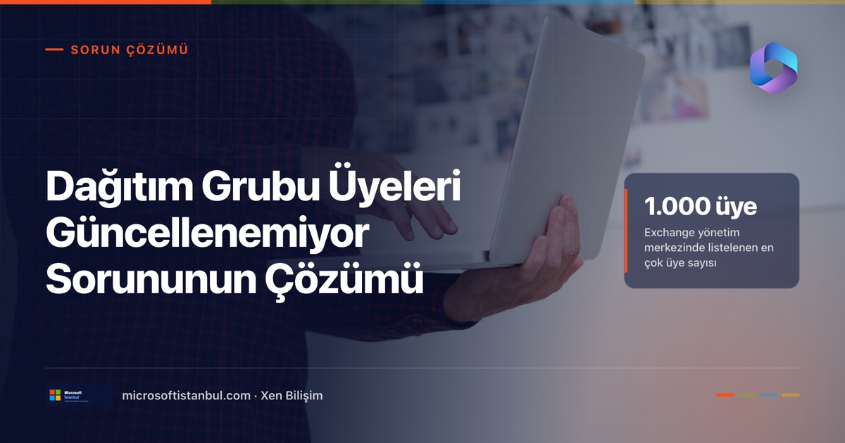 Dizüstü bilgisayar tutan bir çalışan fotoğrafı üzerinde 'Dağıtım Grubu Üyeleri Güncellenemiyor Sorununun Çözümü' başlığı ve Exchange yönetim merkezinde en çok 1.000 üyenin listelendiği bilgisi (Microsoft İstanbul kapak görseli)