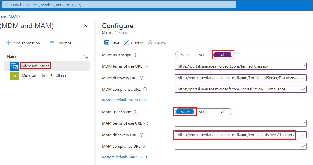 Microsoft Entra yönetim merkezinde Mobility (MDM and MAM) Microsoft Intune otomatik kayıt yapılandırması — MDM user scope ve MAM user scope ayar ekranı, Microsoft Learn resmi belgelerinden