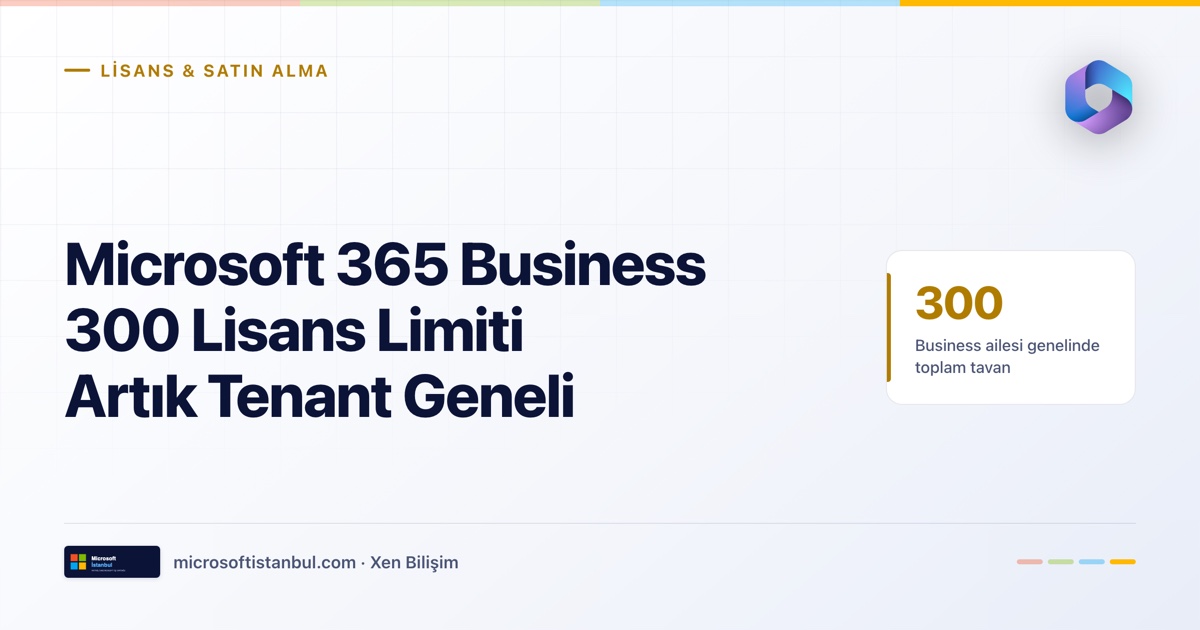 "Microsoft 365 Business 300 Lisans Limiti Artık Tenant Geneli" başlıklı Microsoft İstanbul kapak görseli — açık zeminli tasarım, Lisans & Satın Alma kategori etiketi ve 300 rakamının Business ailesi genelindeki toplam tavan olduğunu belirten vurgu kutusu