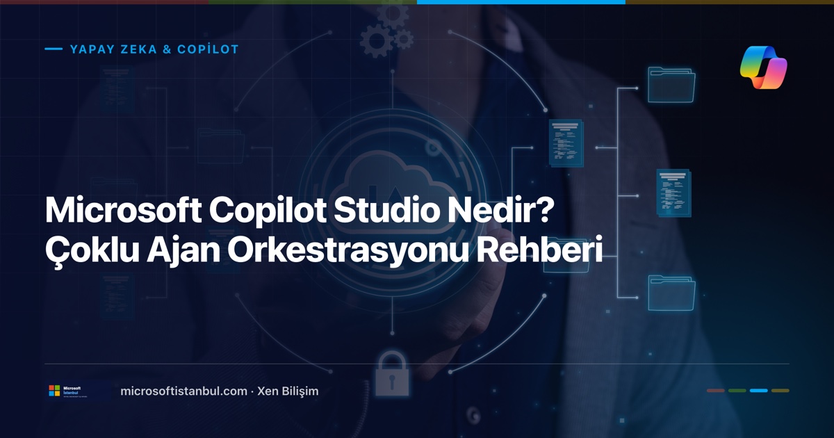 "Microsoft Copilot Studio Nedir? Çoklu Ajan Orkestrasyonu Rehberi" başlıklı Microsoft İstanbul kapak görseli — BT/ofis temalı fotoğraf üzerine lacivert perde, Yapay Zeka & Copilot kategori etiketi ve Microsoft renk şeridi
