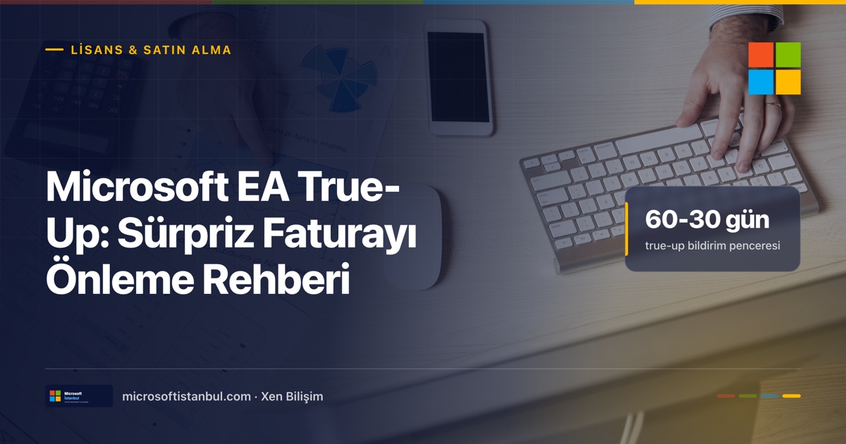 Microsoft EA True-Up sürpriz faturasını önleme rehberi kapak görseli — masaüstünde klavye ve rapor grafikleri üzerinde çalışan bir el, sağ üstte Microsoft logosu; kapakta 60-30 günlük true-up bildirim penceresi vurgusu (Microsoft İstanbul kapak görseli)