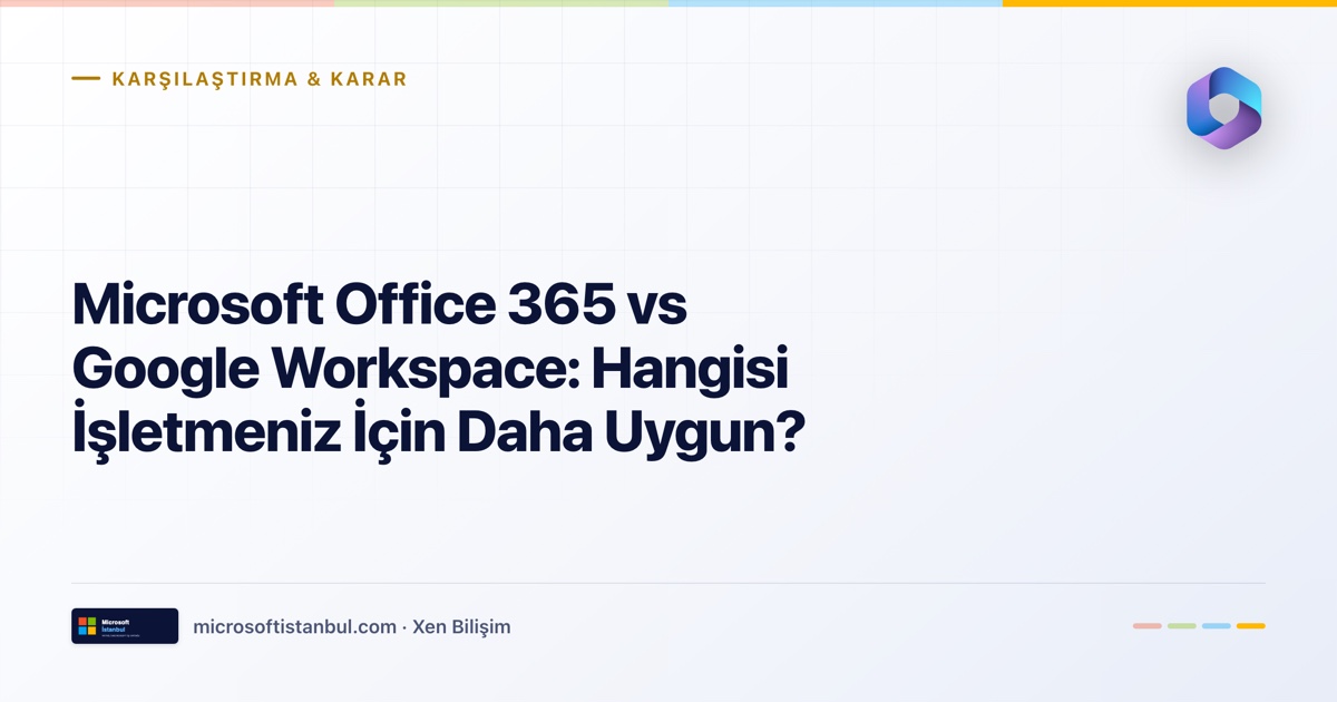 "Microsoft Office 365 vs Google Workspace: Hangisi İşletmeniz İçin Daha Uygun?" başlıklı Microsoft İstanbul kapak görseli — açık zeminli tasarım, Karşılaştırma & Karar kategori etiketi ve Microsoft renk şeridi