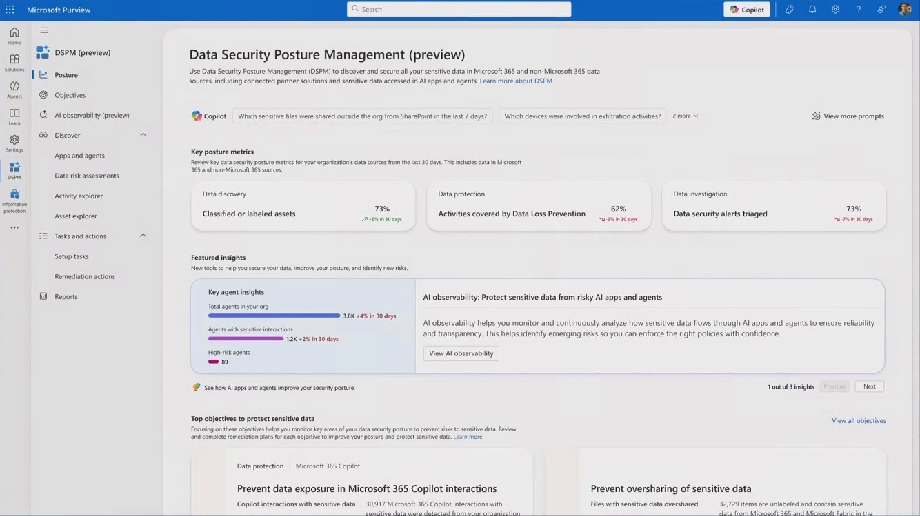 Microsoft Purview Data Security Posture Management (DSPM) duruş panosu — Microsoft resmi belgelerinden