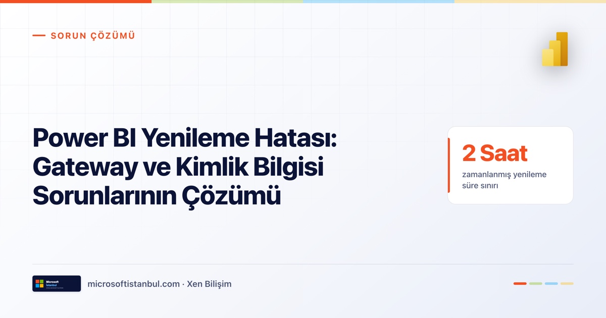 Power BI Yenileme Hatası: Gateway ve Kimlik Bilgisi Sorunlarının Çözümü — Sorun Çözümü etiketli, Power BI ikonlu, 2 Saat zamanlanmış yenileme süre sınırı istatistik kartlı açık renkli blog kapağı (Microsoft İstanbul / Xen Bilişim)