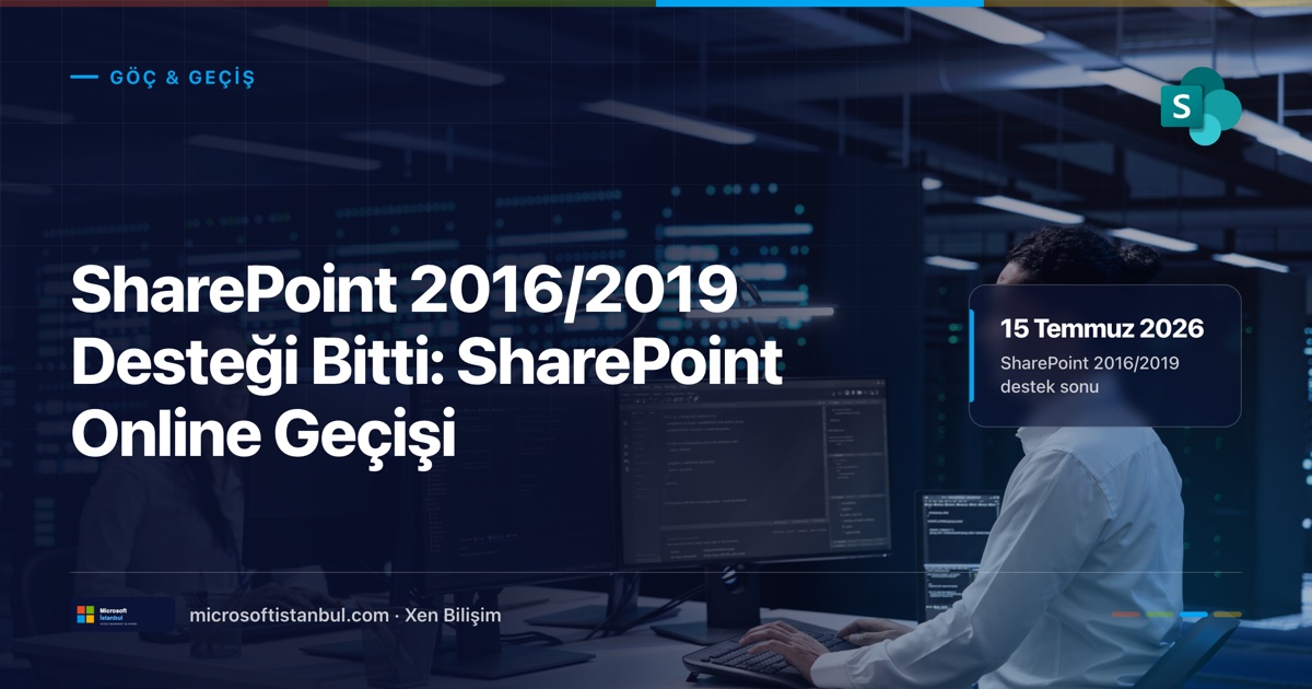 SharePoint 2016/2019'dan SharePoint Online'a geçiş — veri merkezi ortamında çoklu monitörde kod ve log ekranlarını inceleyen BT uzmanı; kapakta 15 Temmuz 2026 destek sonu tarihi vurgusu (Microsoft İstanbul kapak görseli)