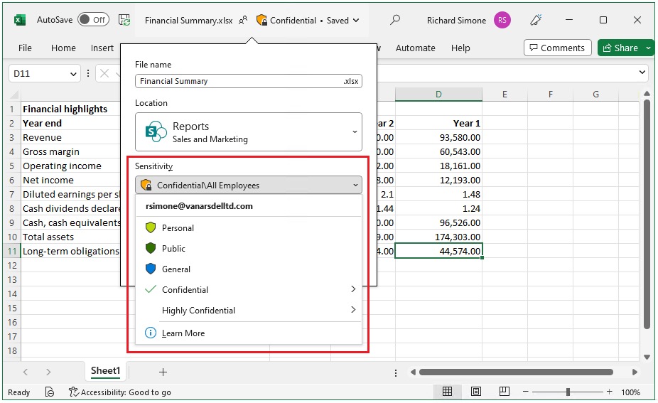 Excel'de Microsoft Purview hassasiyet etiketi (Confidential) uygulama menüsü — Microsoft resmi belgelerinden
