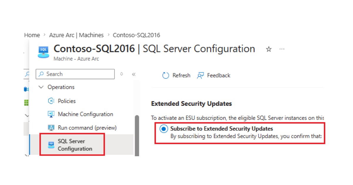Azure Arc portalında Contoso-SQL2016 makinesi için SQL Server Yapılandırması bölmesi ve 'Subscribe to Extended Security Updates' seçeneği (Microsoft Learn resmi belgelerinden)