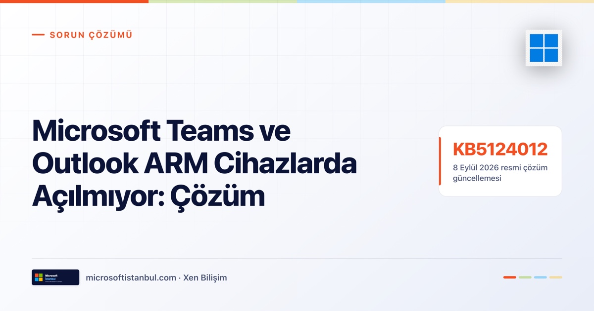 Microsoft Teams ve Outlook ARM cihazlarda açılmıyor hatası çözümü — kapakta KB5124012 resmi çözüm güncellemesi vurgusu (Microsoft İstanbul kapak görseli)