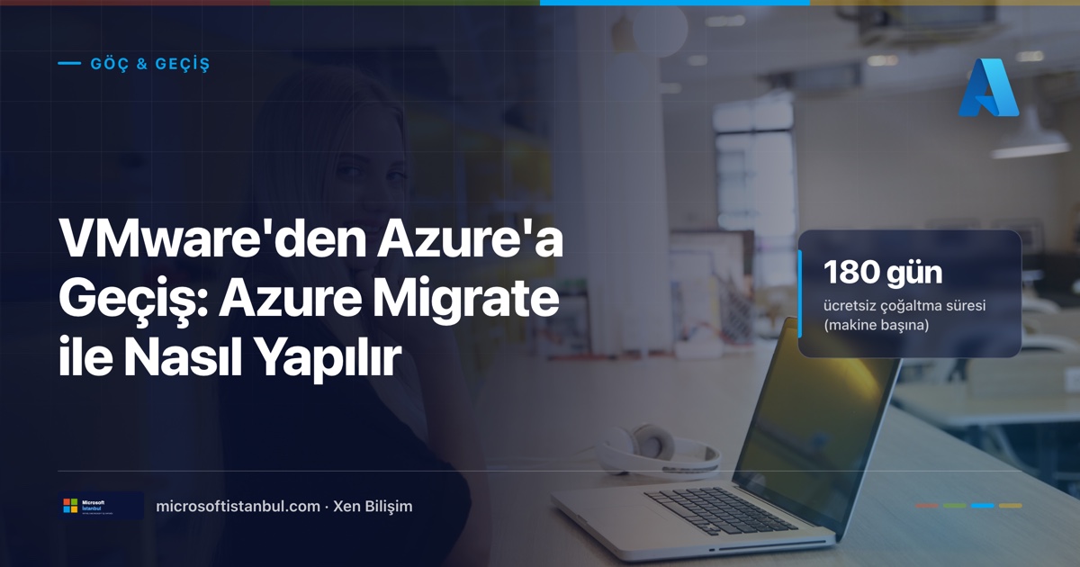 VMware'den Azure'a geçiş rehberi, Göç ve Geçiş etiketli, Azure ikonlu, dizüstü bilgisayarın başında çalışan bir kişinin fotoğraflı lacivert blog kapağı; sağda makine başına 180 gün ücretsiz çoğaltma vurgusu (Microsoft İstanbul / Xen Bilişim)