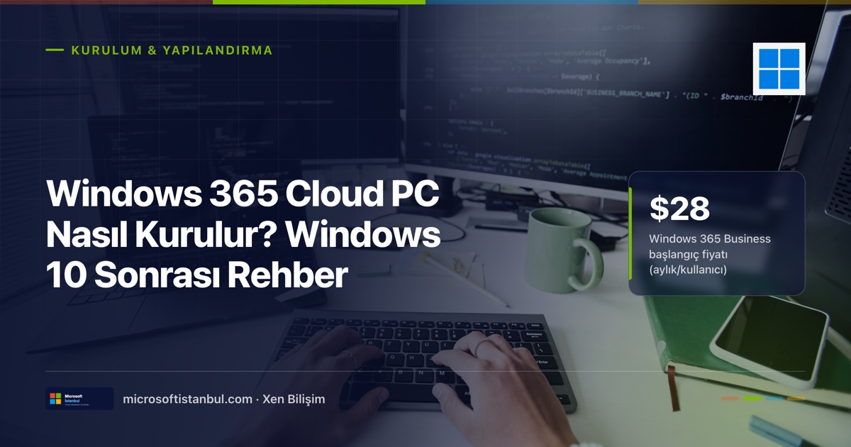 Windows 365 Cloud PC kurulum rehberi kapak görseli: koyu ofis masasında klavye üzerinde çalışan eller ve arka planda kod ekranları; kartta Windows 365 Business'ın 28 dolar/ay başlangıç fiyatı vurgusu