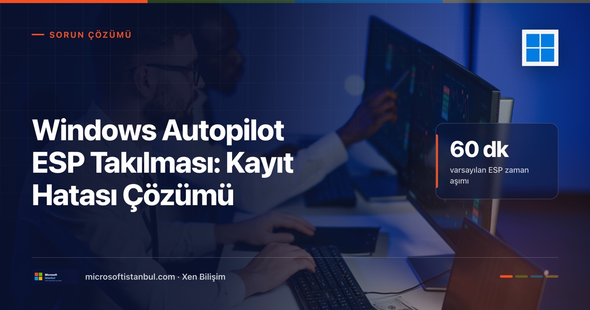 Windows Autopilot ESP takılması: kayıt hatası çözümü — ofiste ekran başında çalışan iki kişi, lacivert kapak, sağda 60 dakika varsayılan ESP zaman aşımı istatistik kutusu (Microsoft İstanbul kapak görseli)