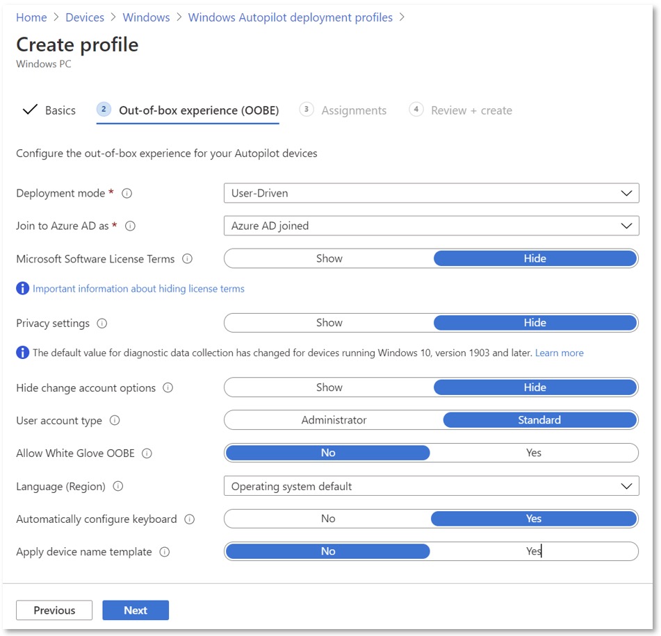 Microsoft Intune admin center Windows Autopilot deployment profile oluşturma ekranı — Microsoft Learn resmi dokümantasyonundan